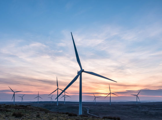 17 wind turbines on Whitelee moor in Scotland at sunset. They are stationary. Their blades don't turn.