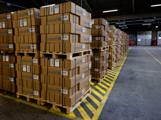 Pallets ready for shipping at the UNICEF world warehouse in Copenhagen.