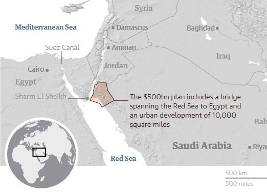 The highlighted area shows Neom, where SbM has outlined plans for a special economic zone. A map of the Middle East shows a small western corner of Saudi Arabia highlighted.